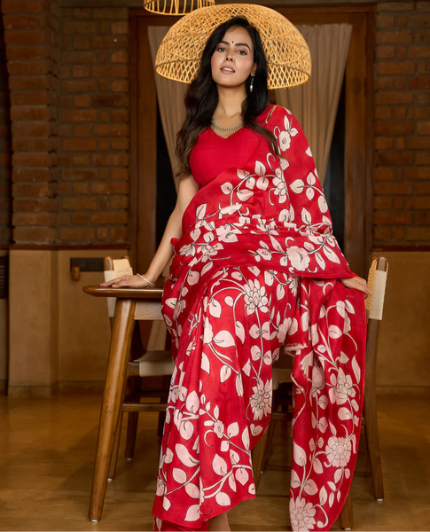 PURE SILK SAREE FEATURING TIMELESS KALAMKARI FLORAL ARTWORK