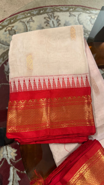 White and Red Cotton Gadwal Saree