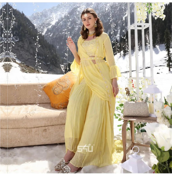 Yellow Silk Chanderi Kurta Sharara Set