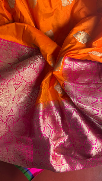 Pure Katan Silk Handloom Saree in Orange and Pink and Green