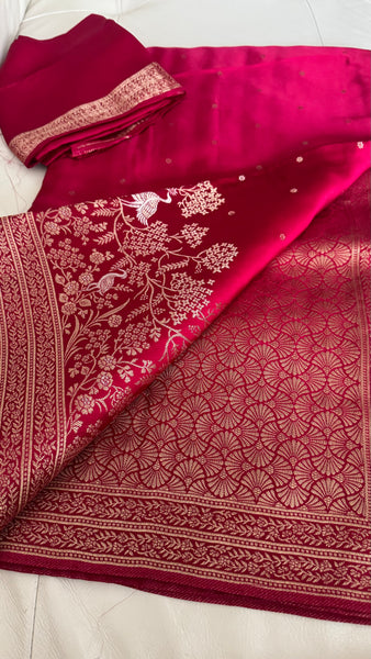 Hot Pink Magenta Mashru Silk Saree with Dual Tone Threadwork