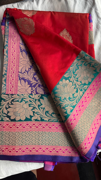 Tomato Red Soft Banarasi Pattu Katan Silk Saree with Zari weaves with Deep Navy Blue Border