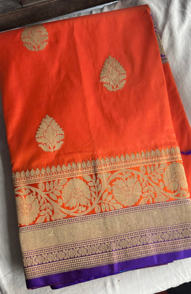 Pure Katan Silk Handloom Saree in Orange and Deep Purplish Blue