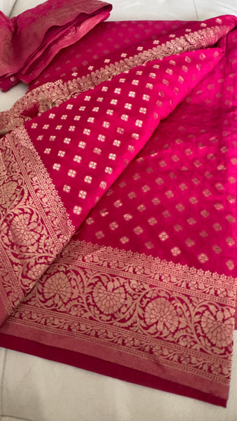 Rani Hot Pink Gold Khadi Banarasi Chiffon Georgette Saree