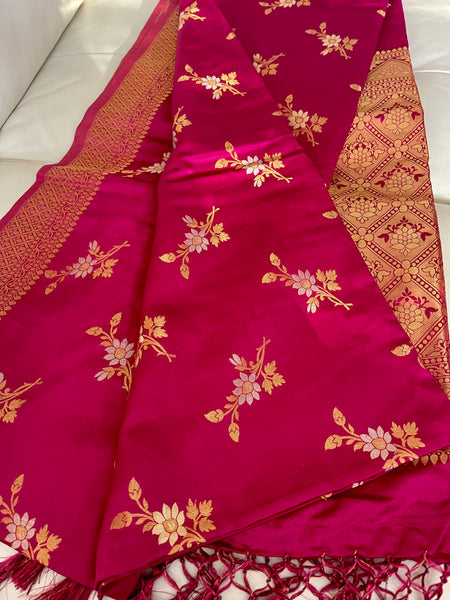 Rani Hot Pink Soft Floral Silk Saree