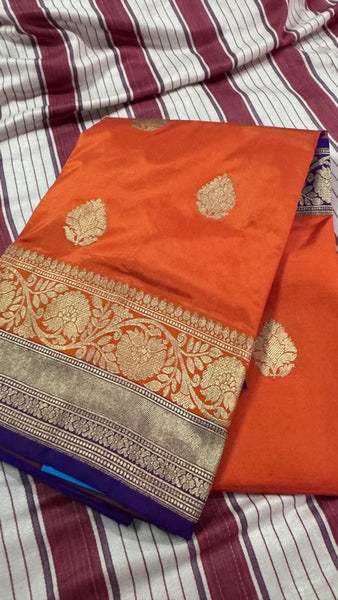 Pure Katan Silk Handloom Saree in Orange and Deep Purplish Blue
