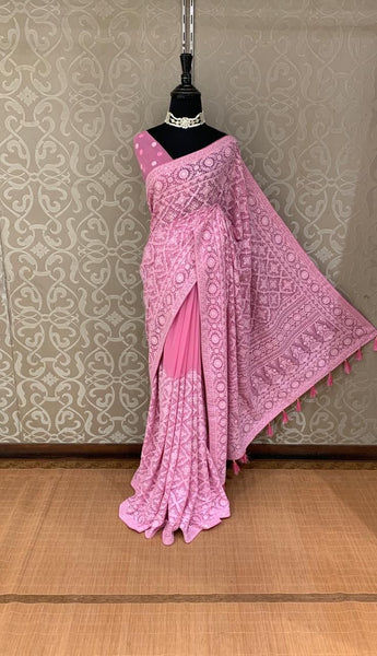 Coral Pink Chiffon Saree with Lucknowi Chikankari Work