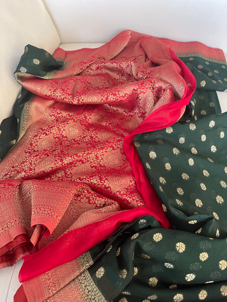 Forest Green and Red Georgette Chiffon Saree