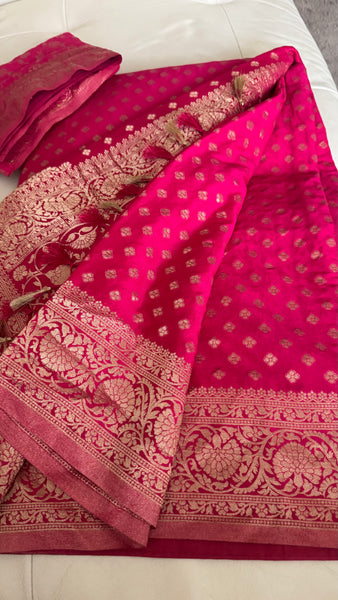 Rani Hot Pink Gold Khadi Banarasi Chiffon Georgette Saree