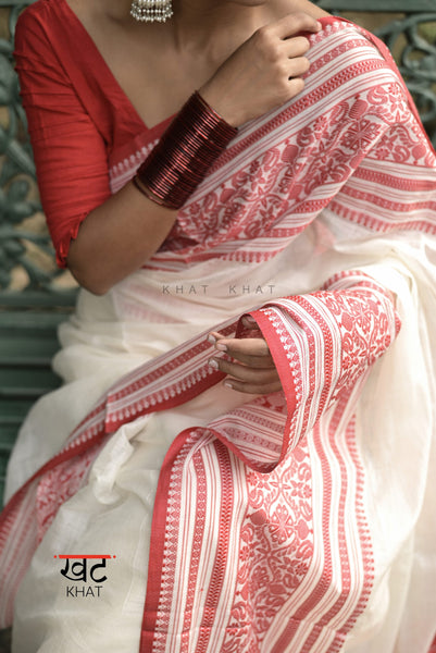 White and Red Handloom Cotton Tussar Saree