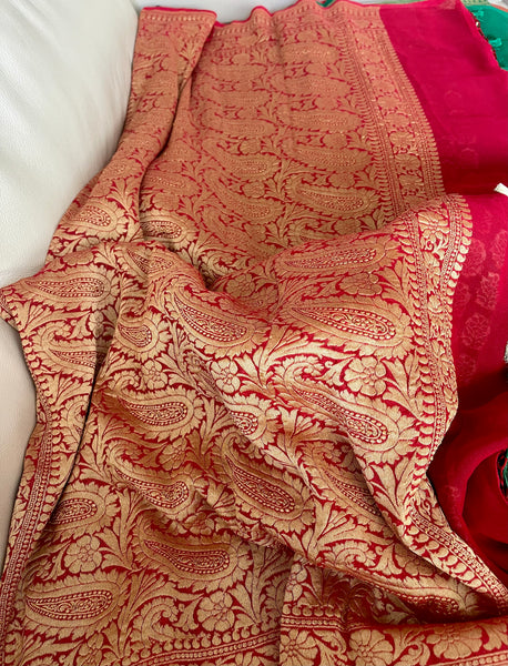 Green and Red Pure Khaddi Georgette Chiffon Silk Saree