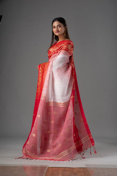 WHITE & RED ORGANIC LINEN JAMDANI SAREE