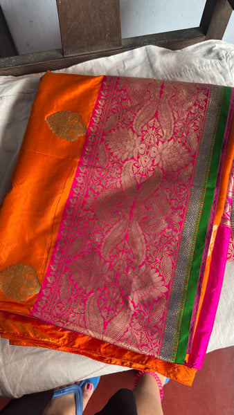 Pure Katan Silk Handloom Saree in Orange and Pink and Green
