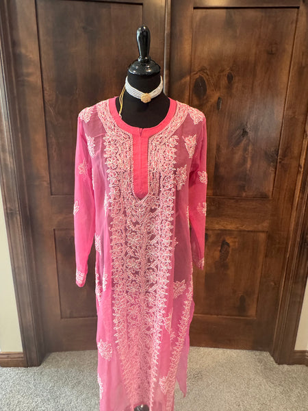 Pink Georgette Lucknowi Chikankari long Kurti
