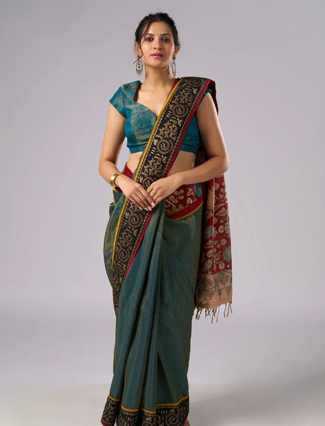 Iridescent Blue Green Shaded Tissue saree with Hand Painted Kalamkari pallu