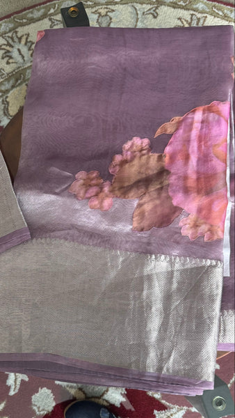 Pure Lavendar Tissue Silk Saree with Floral Applique Work