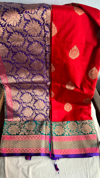 Tomato Red Soft Banarasi Pattu Katan Silk Saree with Zari weaves with Deep Navy Blue Border