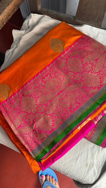 Pure Katan Silk Handloom Saree in Orange and Pink and Green