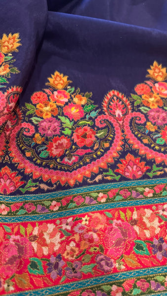 Navy Blue and Pink Kani Saree with Golden Zari