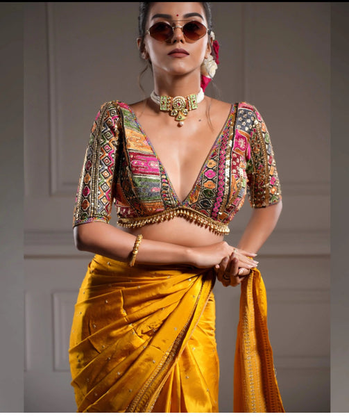 Yellow Gold Georgette Embroidered Blouse with Saree