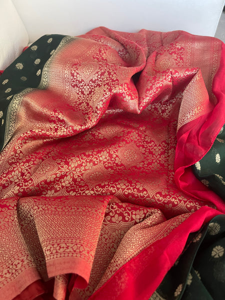 Forest Green and Red Georgette Chiffon Saree