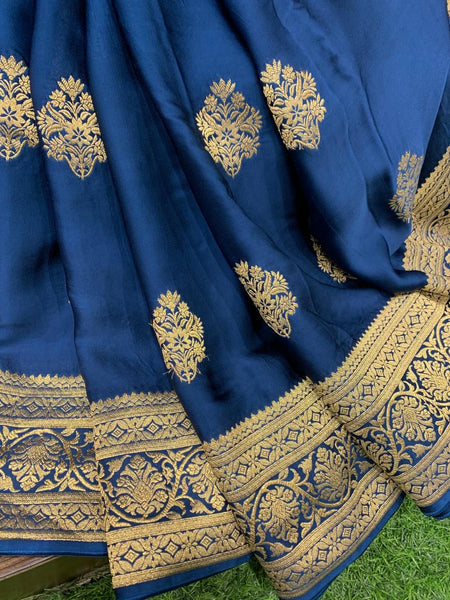 Pure Royal Blue and Gold Satin Silk Saree with Woven Border