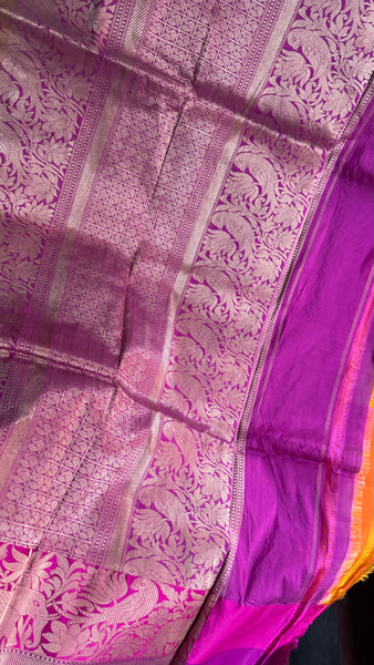 Pure Peacock Elephant Katan Silk Saree in Orange, Pink, and Magenta