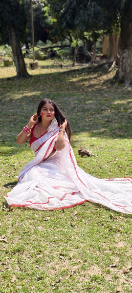 White Dhakai jamdani with Red Lace Border