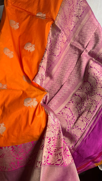 Pure Peacock Elephant Katan Silk Saree in Orange, Pink, and Magenta