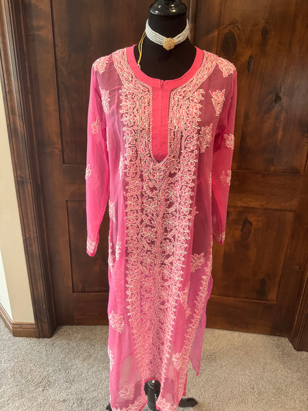 Pink Georgette Lucknowi Chikankari long Kurti