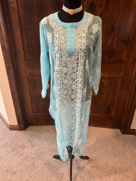 Sky Blue Georgette Lucknowi Chikankari long Kurti