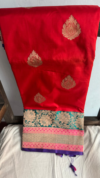 Tomato Red Soft Banarasi Pattu Katan Silk Saree with Zari weaves with Deep Navy Blue Border