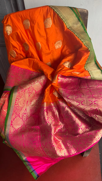 Pure Katan Silk Handloom Saree in Orange and Pink and Green