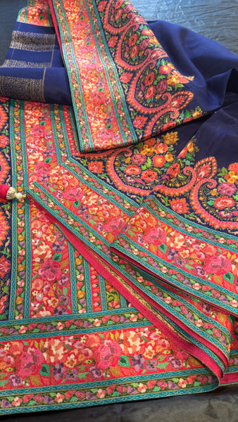 Navy Blue and Pink Kani Saree with Golden Zari