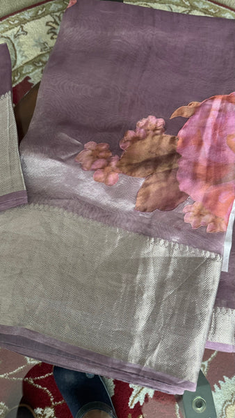 Pure Lavendar Tissue Silk Saree with Floral Applique Work