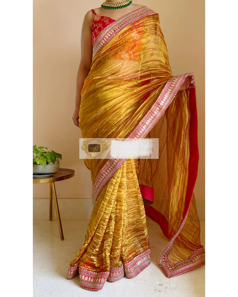 Gold Zari Tissue Saree with Red Border