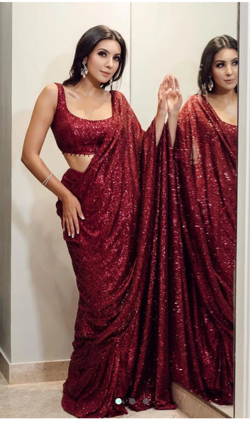 Maroon Sequin Saree with Lace Sequin border