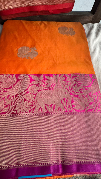 Pure Peacock Elephant Katan Silk Saree in Orange, Pink, and Magenta