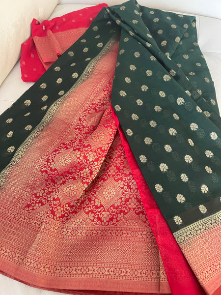 Forest Green and Red Georgette Chiffon Saree