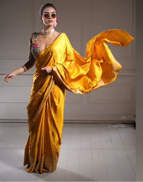 Yellow Gold Georgette Embroidered Blouse with Saree