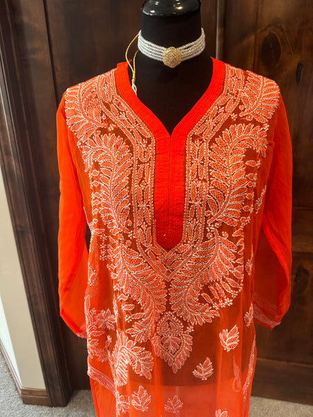 Orange Georgette Lucknowi Chikankari long Kurti