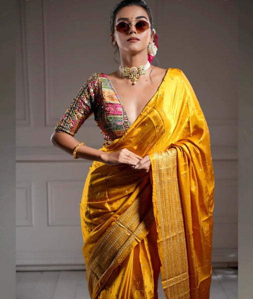 Yellow Gold Georgette Embroidered Blouse with Saree