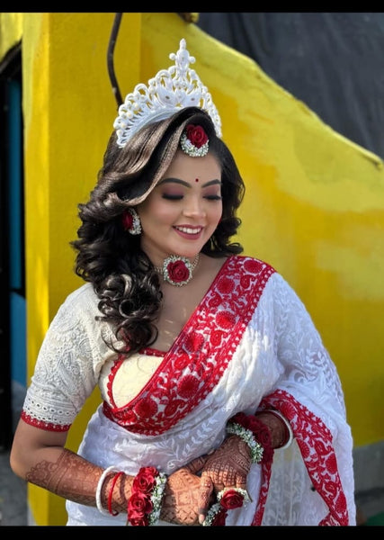 White and Red Pure Georgette Chiffon Chikankari Saree