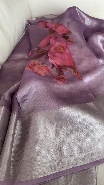 Pure Lavendar Tissue Silk Saree with Floral Applique Work
