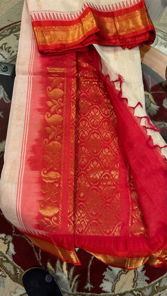 White and Red Cotton Gadwal Saree