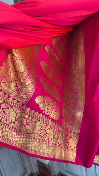 Iridescent Coral Pink Silk Saree