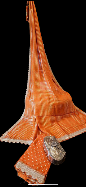 Orange and Gold Georgette chiffon scalloped border with weaving blouse