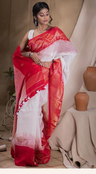 WHITE & RED ORGANIC LINEN JAMDANI SAREE