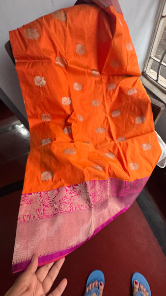 Pure Peacock Elephant Katan Silk Saree in Orange, Pink, and Magenta