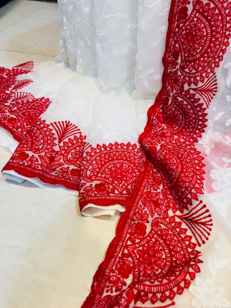 White and Red Pure Georgette Chiffon Chikankari Saree